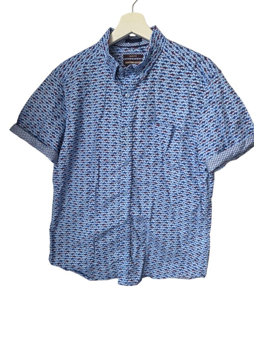 Johnston & Murphy Slim Fit Shark Print Short Sleeve Shirt M 100% Cotton Blue